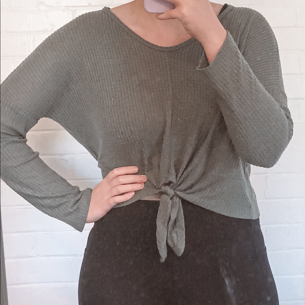 Paper Crane Long sleeve green soft shirt with cute tie in front.